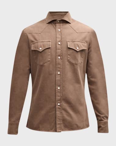 Brunello Cucinelli Men's Cotton Snap-Front Western Shirt