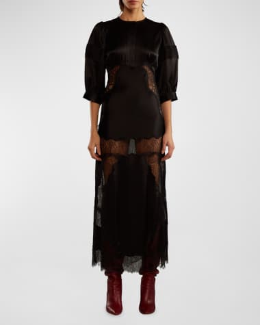 Cynthia Rowley Blouson-Sleeve Lace & Silk Charmeuse Midi Dress