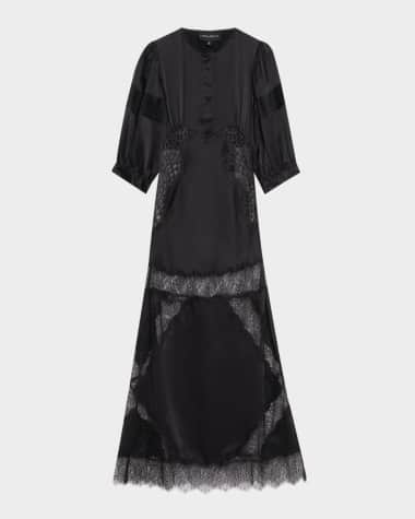Cynthia Rowley Blouson-Sleeve Lace & Silk Charmeuse Midi Dress