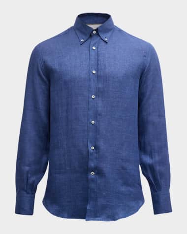 Brunello Cucinelli Men's Linen Casual Button-Down Shirt