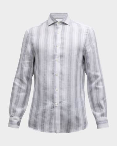 Brunello Cucinelli Men's Linen Multi-Stripe Casual Button-Down Shirt