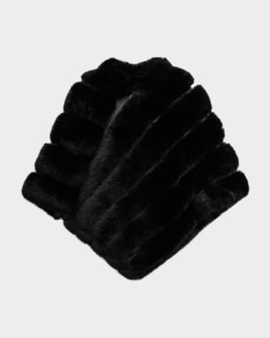 Adrienne Landau Asymmetric Striped Faux Fur Poncho