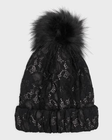 Adrienne Landau Lace Beanie With Faux Fur Pom