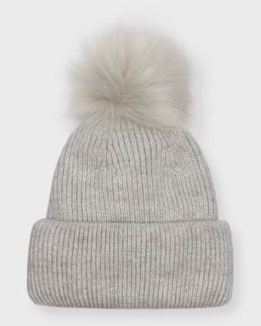 Adrienne Landau Metallic Striped Knit Beanie With Faux Fur Pom