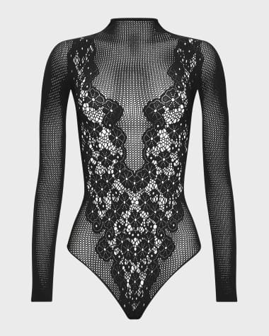 Wolford Mock-Neck Floral Lace Thong Bodysuit