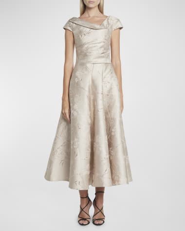 Talbot Runhof Metallic Twig And Bloom Jacquard Cap-Sleeve Tea-Length Dress