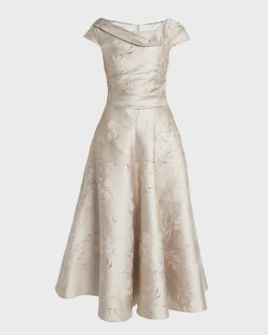 Talbot Runhof Metallic Twig And Bloom Jacquard Cap-Sleeve Tea-Length Dress