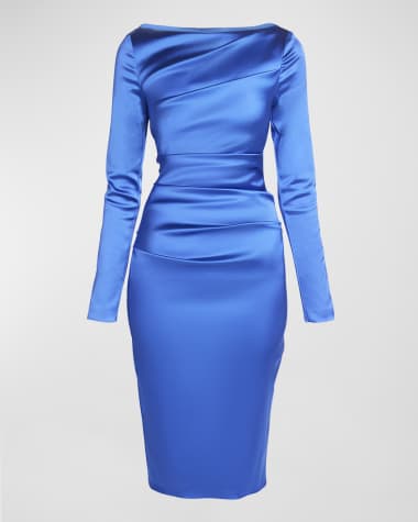 Talbot Runhof High-Neck Draped Satin Duchesse Long-Sleeve Dress