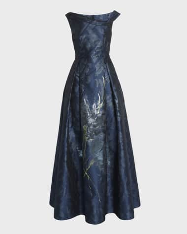 Talbot Runhof Metallic Bouquet Jacquard Sleeveless Pleated Gown