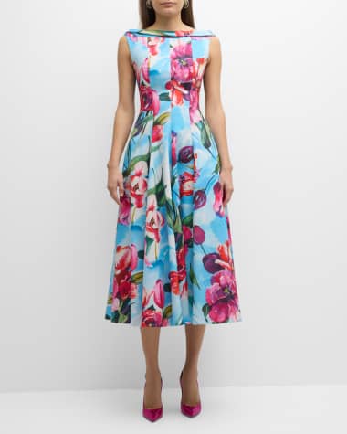 Talbot Runhof Tulip-Print High-Neck Cotton Pique Midi Dress