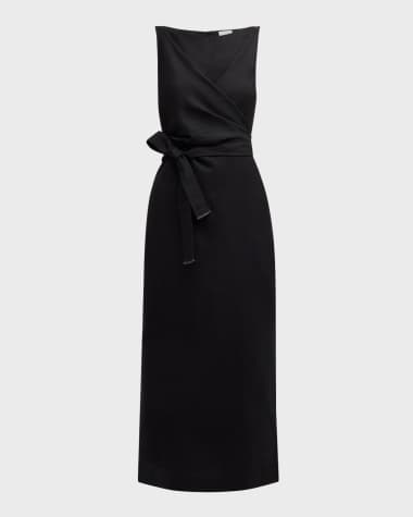 Brunello Cucinelli High-Neck Monili-Trim Wrap-Waist Fluid Linen Midi Dress