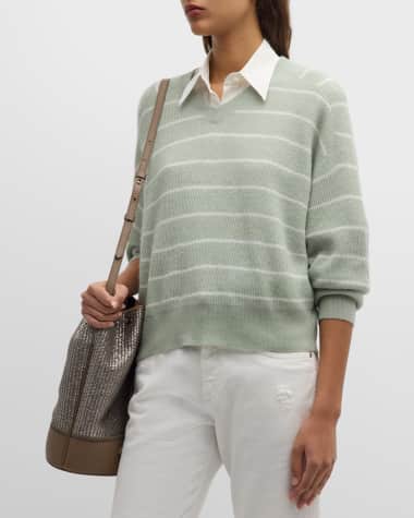 Brunello Cucinelli V-Neck Alpaca Cotton Striped Knit Sweater
