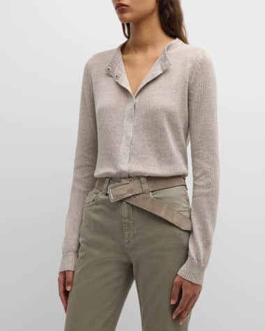 Brunello Cucinelli Silk Linen Cropped Cardigan with Paillette Detail