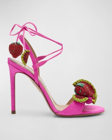Aquazzura Strawberry Punch Raffia Ankle-Tie Sandals