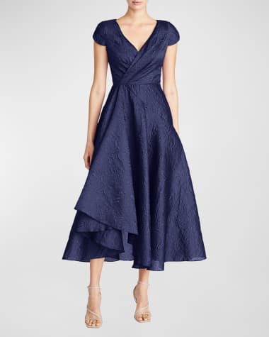 Theia Sevyn High-Low Pleated Jacquard Midi Dress