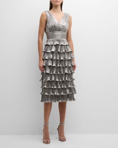 Zac Posen Sleeveless Metallic Ruffle Tiered Midi Dress