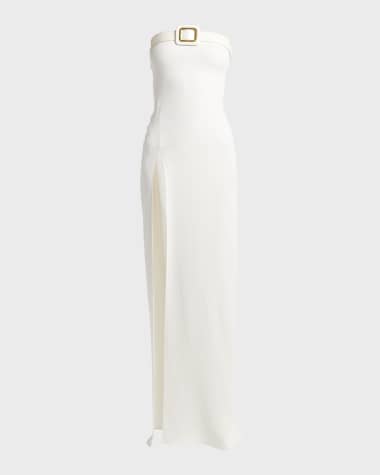 TOM FORD Leather Logo Buckle Strapless Slit-Hem Evening Gown