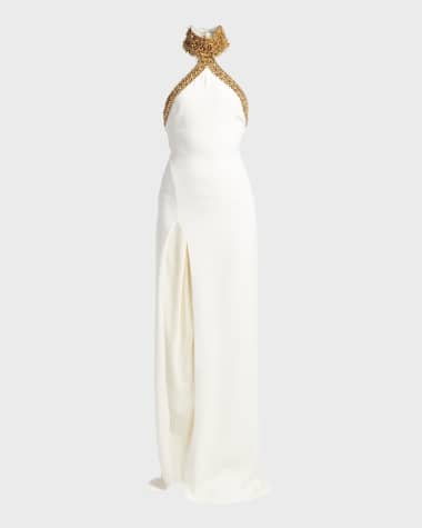 TOM FORD Embellished Mock-Neck Halter Slit-Hem Evening Gown
