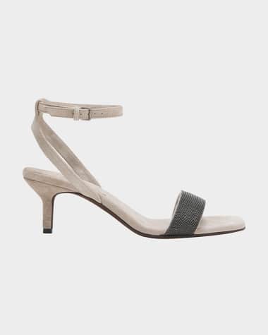 Brunello Cucinelli Monili Strap Suede Kitten-Heel Sandals
