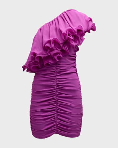 Rotate Birger Christensen Chiffon Asymmetric Frill Ruched Mini Dress