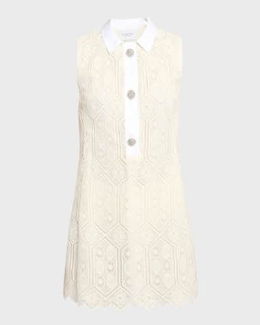 Giambattista Valli Crystal-Button Sleeveless Crochet Mini Shirtdress