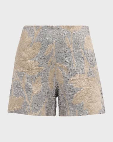 Brunello Cucinelli Paillette Magnolia Embroidered Linen Shorts