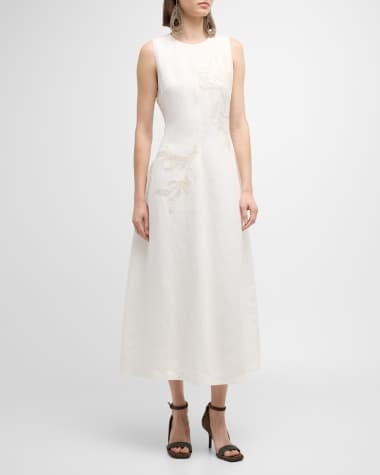 Brunello Cucinelli Crinkle Cotton Structured Dress with Embroidered Magnolia Flower