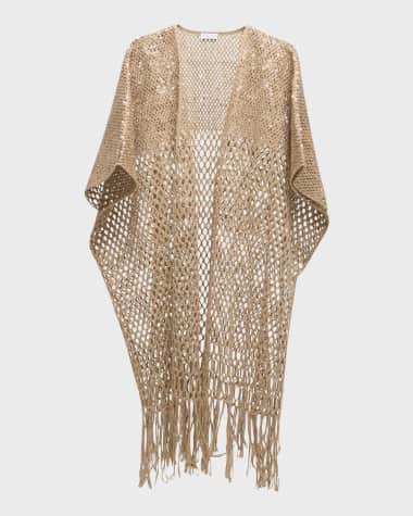 Brunello Cucinelli Linen-Silk Degrade Paillette Opera Knit Long Open Cardigan With Fringe