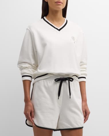 Brunello Cucinelli Tennis Logo Embroidered V-Neck Long-Sleeve Cotton Sweatshirt