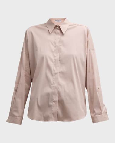 Brunello Cucinelli Monili-Trim Poplin Stretch Collared Blouse