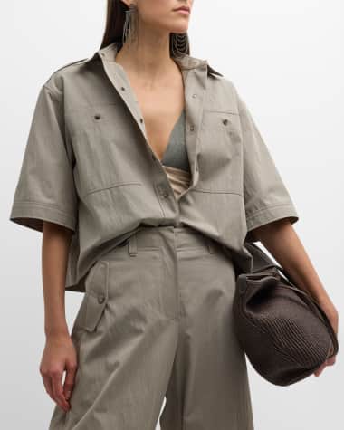 Brunello Cucinelli Lightly Wrinkled Cotton Top with Contrast Stitching