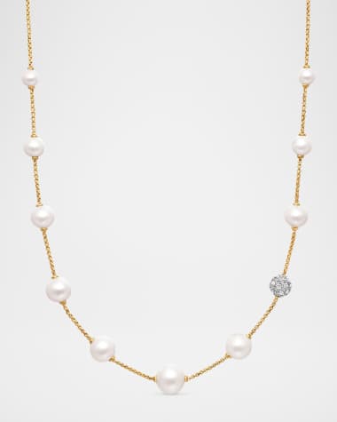 David Yurman Pearl and Pave Station Necklace with Diamonds in 18K Gold, 1.25mm, 16-18"L