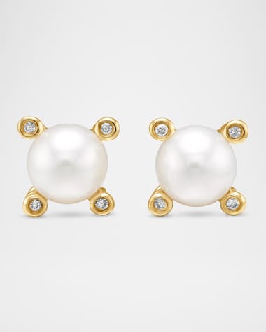 David Yurman Cable Collectibles Stud Earrings with Diamonds and Pearl in 18K Gold, 7mm