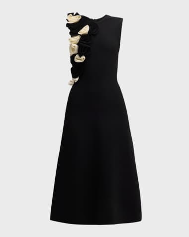 Lela Rose Colorblock Flower-Applique Sleeveless Rib Midi Dress