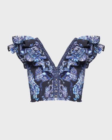 Camilla Deep V Frill-Sleeve Tie-Back Cotton Poplin Top