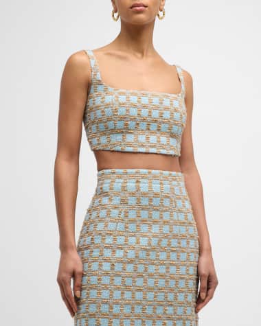 Emilia Wickstead Lucilia Square-Neck Sleeveless Check Tweed Crop Top