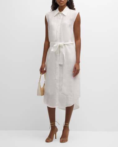 Salon 1884 Seles Check Linen-Silk Sleeveless Belted Midi Shirtdress