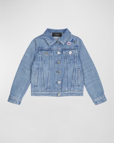 Versace Girl's Flower-Embroidered Denim Jacket, Size 4-6