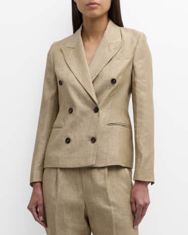 Brunello Cucinelli Two-Tone Viscose Linen Blazer Jacket with Gold Monili Trim