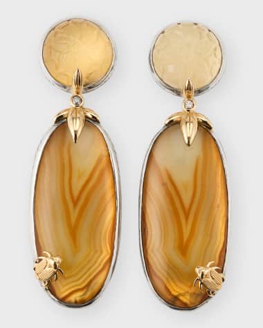 Stephen Dweck Hand Carved Moonstone Natural Quartz Agate and Champagne Diamond Earrings