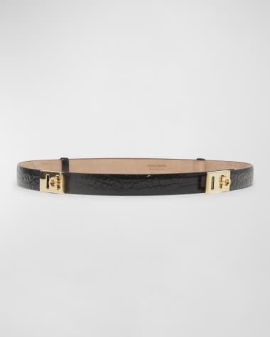 Ferragamo Double Gancini Croc-Embossed Leather Belt