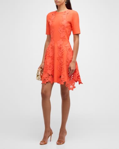 Oscar de la Renta Short-Sleeve Mixed Botanical Inset Mini Dress