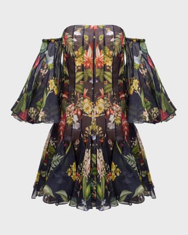 Oscar de la Renta Off-The-Shoulder Floral And Fauna Gazar Mini Dress