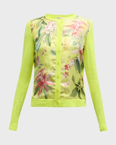 Oscar de la Renta Floral And Fauna Satin Inset Crewneck Cardigan