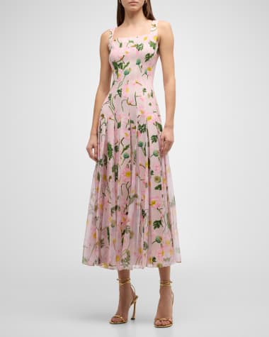 Oscar de la Renta Square-Neck Painted Poppies Pleated Cady Sleeveless Midi Dress