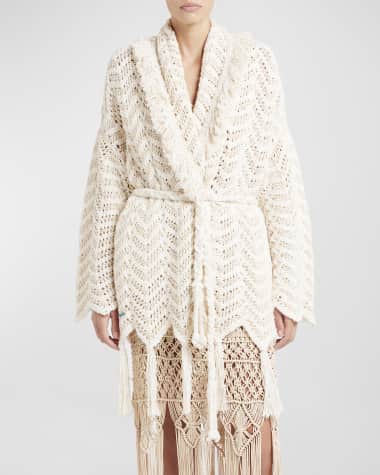 Alanui Natural Chevron Belted Cardigan with Fringe