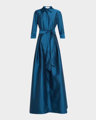 Rickie Freeman for Teri Jon Belted A-Line Taffeta Shirt Gown
