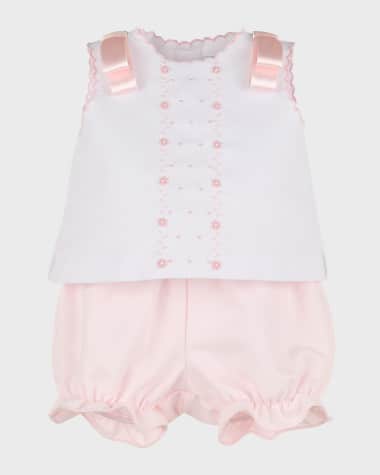 Luli & Me Baby Girls Pique Embroidered Bloomers Set - Bows on Shoulders - Blue