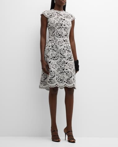 Rickie Freeman for Teri Jon Cap-Sleeve Floral Lace Midi Dress