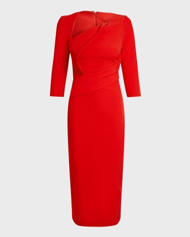 Safiyaa Duan Draped One-Shoulder 3/4-Sleeve Midi Cocktail Dress